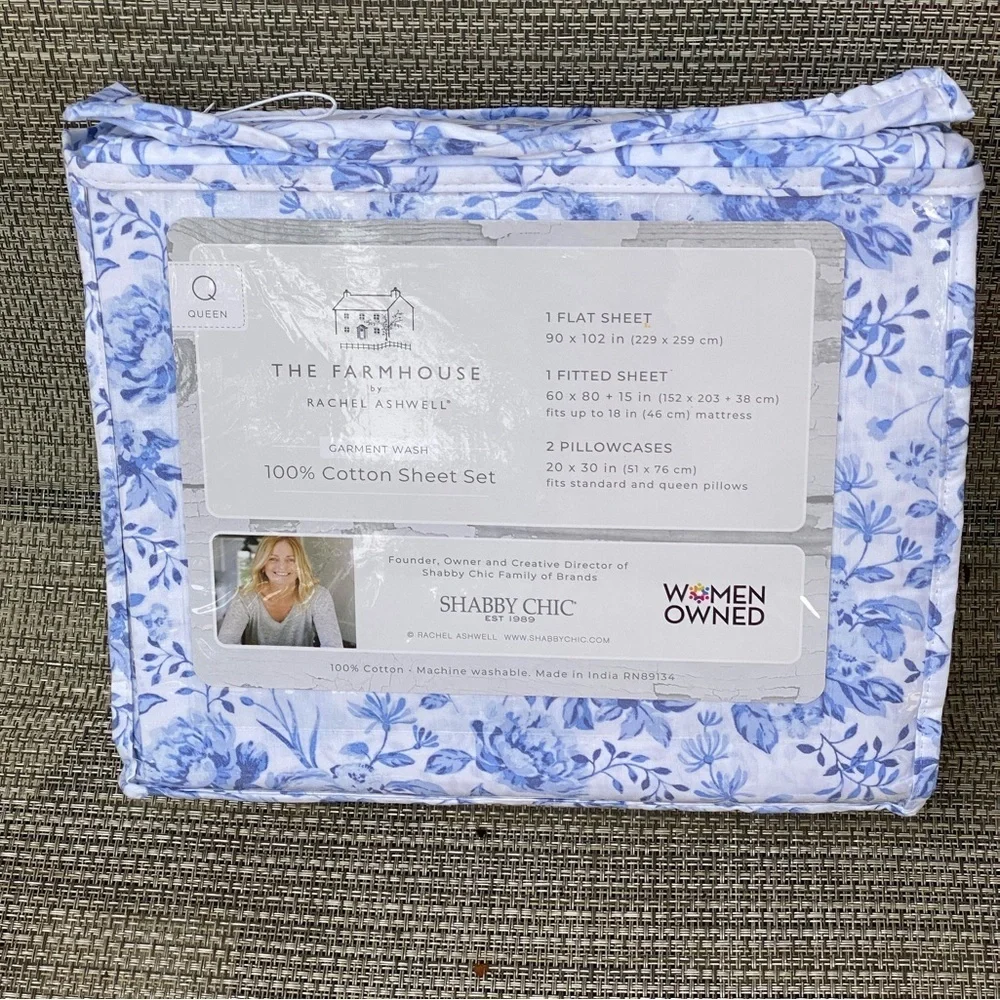 Shabby Chic The Farmhouse Rachel Ashwell Cotton Blue Floral QUEEN Sheet Set 4pc